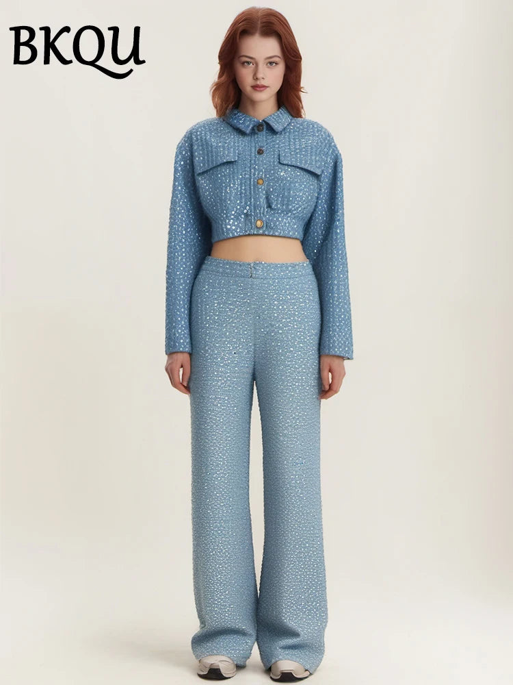 BKQU Sequins Denim Jacket and Pants 2 Piece Sets Women 2024 Autumn Winter Lapel Short Coats + Wide Leg Jeans Party Club Outfits