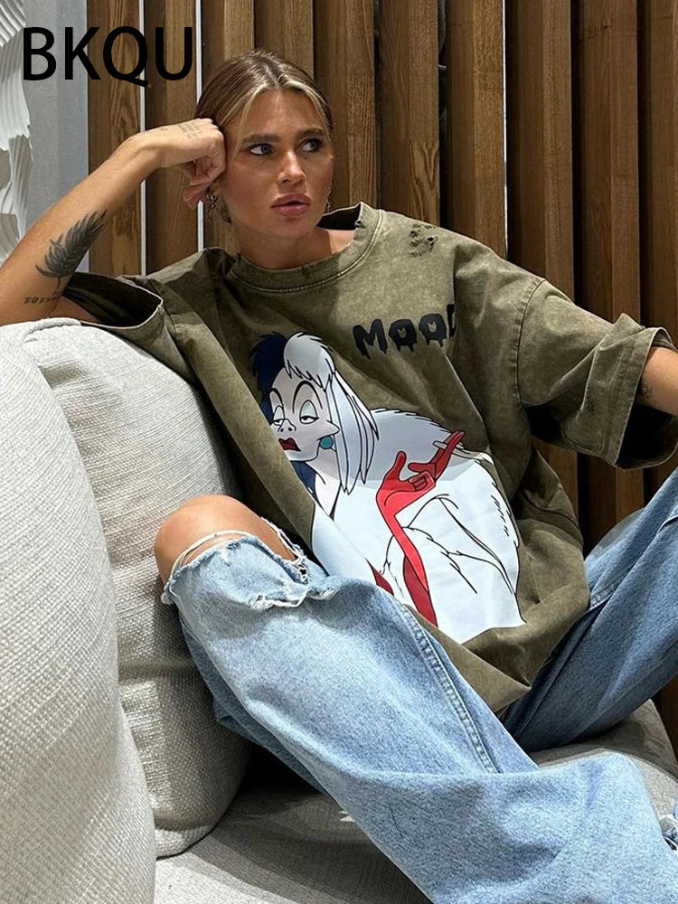 BKQU Oversized T-shirt Women Graphic Print Ripped Half Sleeve Tee Shirts High Street Hip Hop Female Pullovers Vintage Loose Tops
