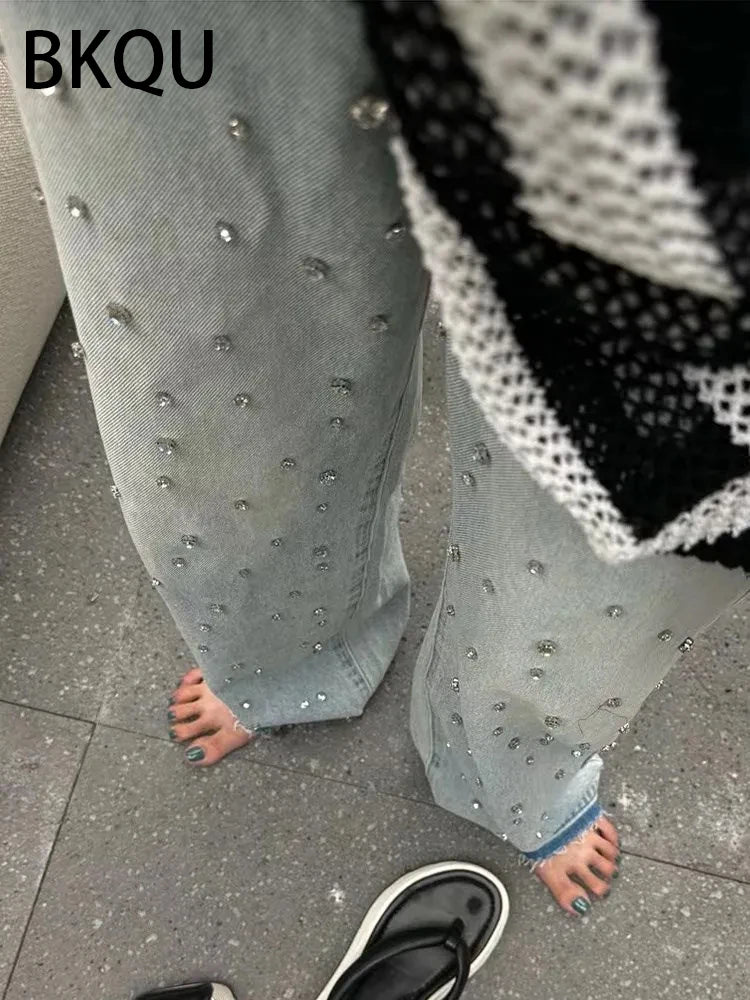 BKQU Wide Leg Straight Jeans for Women 2024 Korean Rhinestones Design Blue High Waist Baggy Pants Female Diamonds Shinny Trouser