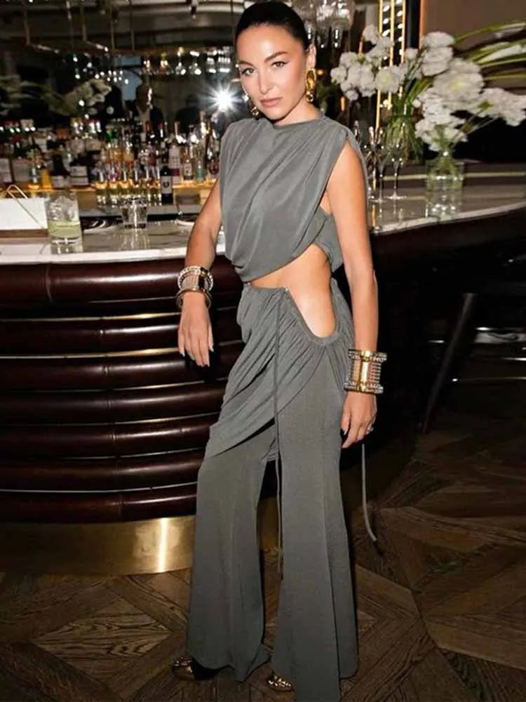 BKQU Ruched 2 Piece Set Women Chic Irregular Sleeveless Crop Tops Low Waist Hollow Skirts Pants Matching Set Elegant Streetwear