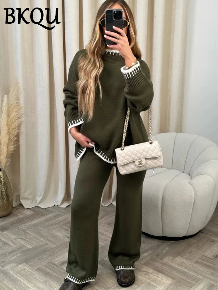 BKQU Knitted Pants Set Women Striped Two Piece Sets Clothes Side Split Sweater and Wide Leg Straight Pants Suit Casual Homewear