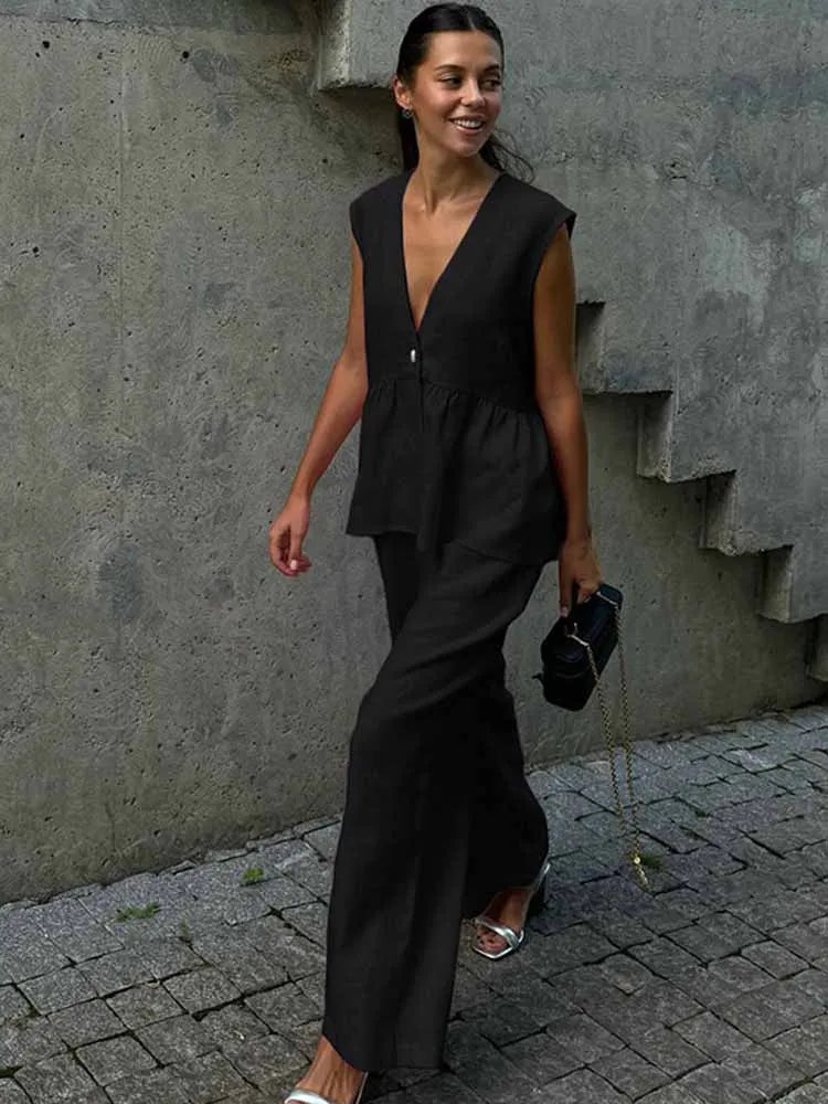 BKQU Fashion Pink Cotton Linen 2 Piece Set Women Summer V-Neck Sleeveless Tank Top High Waist Casual Wide Leg Pants Suits 2025