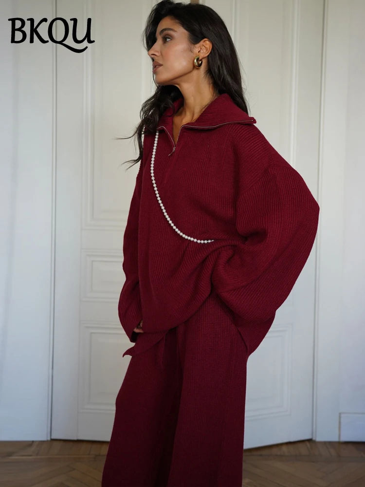 BKQU Fashion Solid Knitted Pants 2 Piece Set Women Casual Lapel Half Zip Pullover Sweater High Waist Wide Leg Pants Ladies Suits