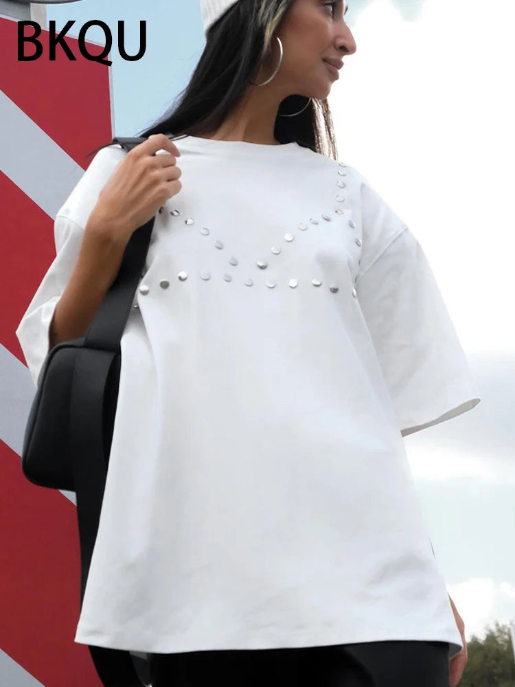 BKQU Rhinestone Loose T-Shirts Women 2024 Irregular Short Sleeve O-neck Fashion Tees Pullovers Hot Diamond Female Y2K Streetwear