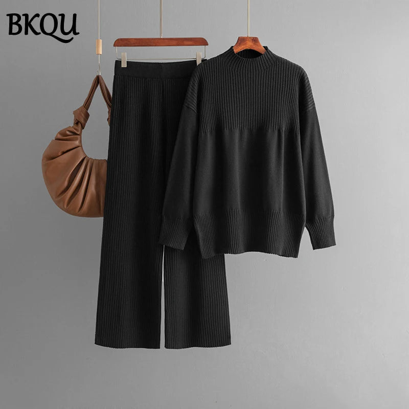 BKQU Loose Knitted 2 Pieces Women Sets Half Turtleneck Split Sweater and Wide Leg Pants Suits Winter Autumn Warm Knit Tracksuit