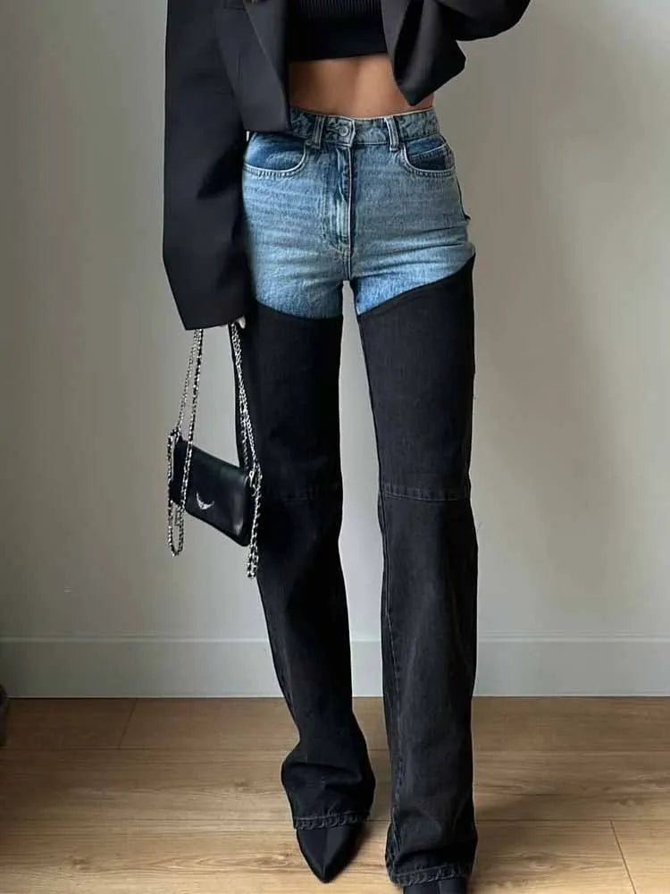 BKQU Contrast Patchwork Straight Jeans Women Vintage High Waist Washed Pocket Denim Trousers 2025 Spring Fashion Lady Streetwear