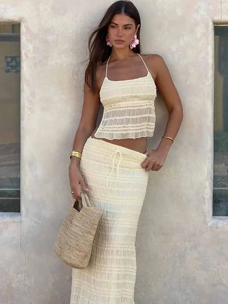 BKQU Ruched Sexy Backless 2 Pieces Beach Holiday Outfits Women Halter Lace-Up Crop Tops Elegant Long Skirts Matching Set 2025