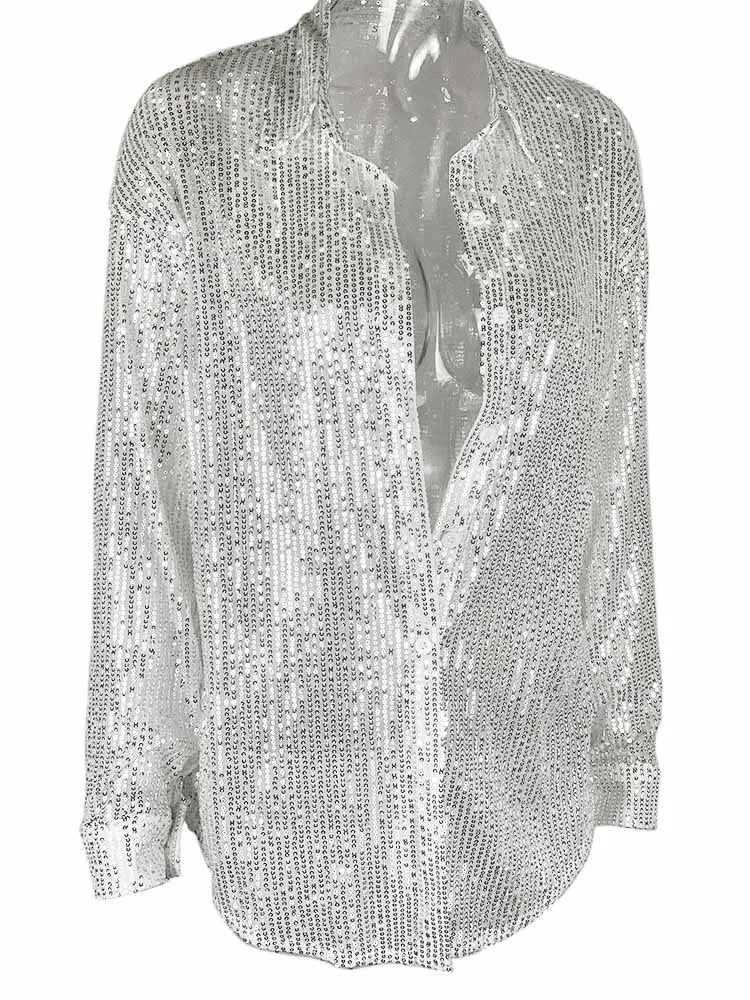 BKQU Fashion Sequin Loose Shirts Women 2025 Spring Long Sleeve Single Breasted Lapel Blouse Tops Luxury Glitter Party Streetwear