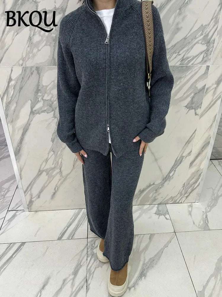 BKQU Sweater Cardigan Pants 2 Pieces Sets Women Casual Solid Zipper Jackets Wide Leg Trousers Autumn Winter Knitted Tracksuit