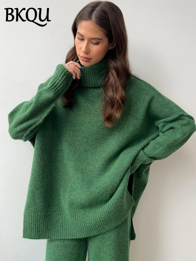 BKQU Casual Knit Two Piece Sets Women Split Turtleneck Long Sleeve Sweater Wide Legs Pants Suit Female Loose Winter Loungewear