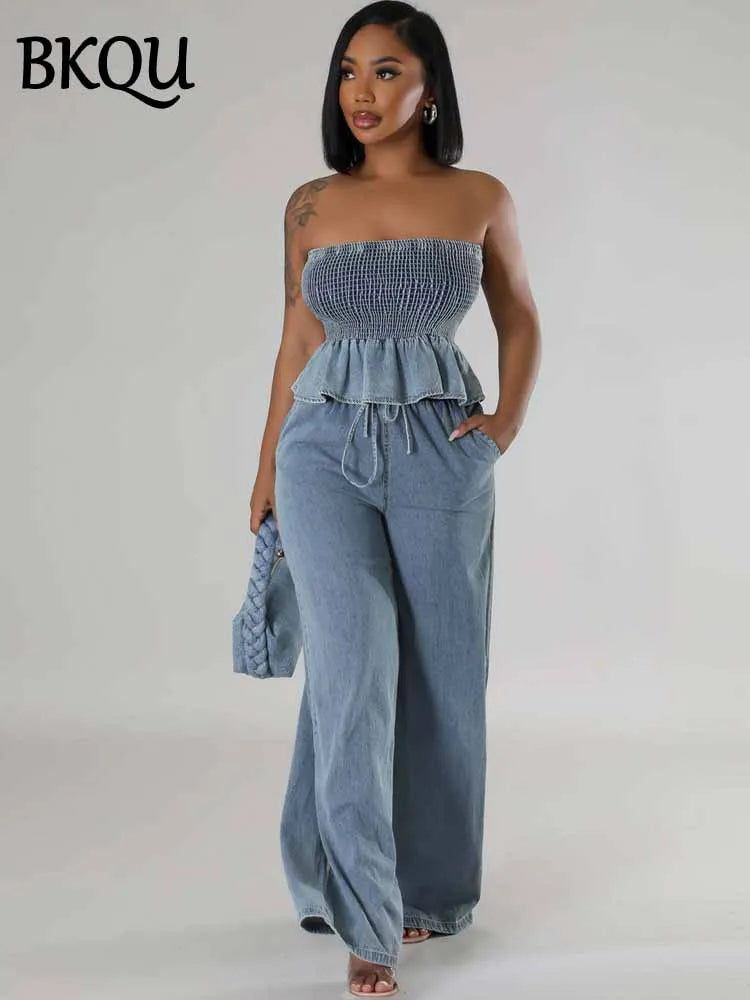 BKQU Denim Women Two Pieces Elegant Strapless Ruffles Top And Wide Leg Pants Matching Set 2025 Fashion Elastic Blue Jeans Outfit