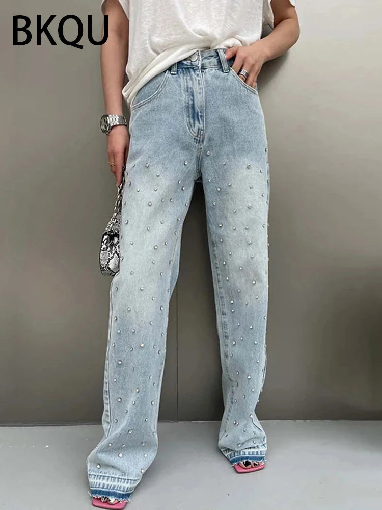 BKQU Wide Leg Straight Jeans for Women 2024 Korean Rhinestones Design Blue High Waist Baggy Pants Female Diamonds Shinny Trouser