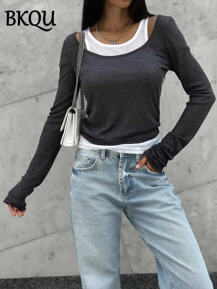 BKQU Casual Long Sleeve T Shirt Women Contrast Color Fake Two Pieces T-shirt 2025 Spring All-match Female Slim Crop Tops Street
