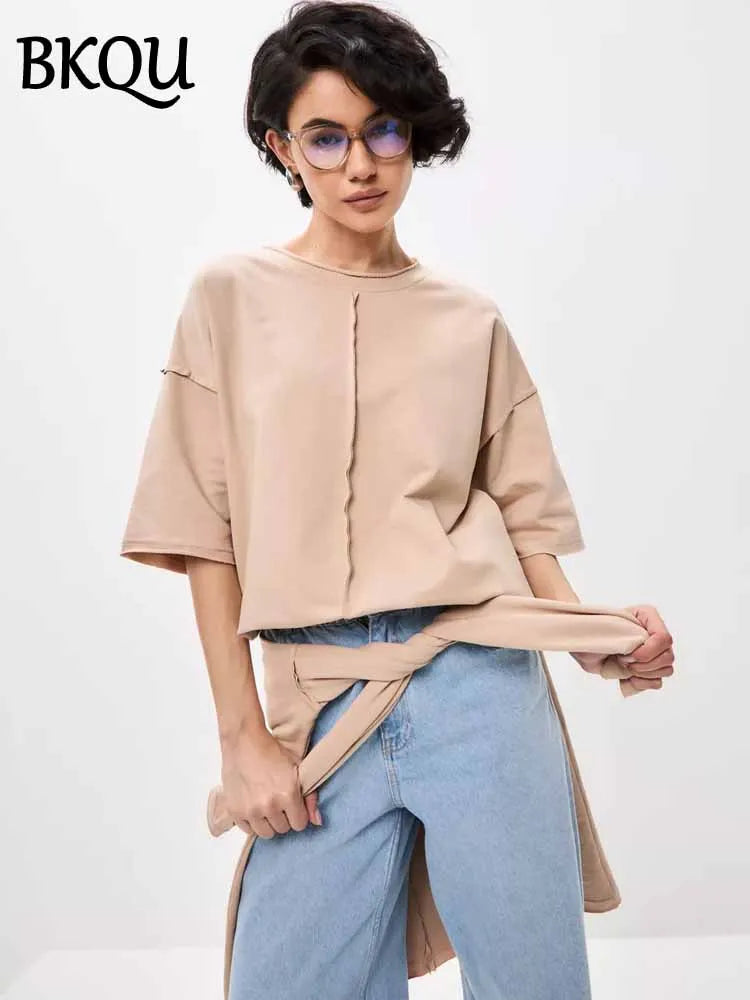 BKQU Summer Loose Short Sleeve T-Shirt Women Casual Solid O-neck 100% Cotton Tees 2025 New Simple Versatile T-shirt Streetwear