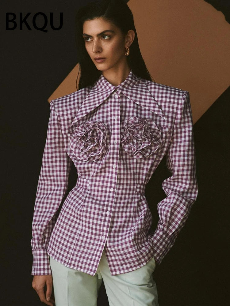 2024 New 3D Three-Dimensional Floral Blouses Women Elegant Long Sleeve Lapel Plaid Shirt Jacket Buttons Wide Shoulder Blouse Top
