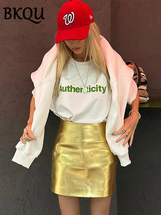 BKQU Leather Skirts for Women Straight Skinny Pencil Skirts Summer High Waist Metallic Gold Silver Mini Skirt Half-body Bottoms