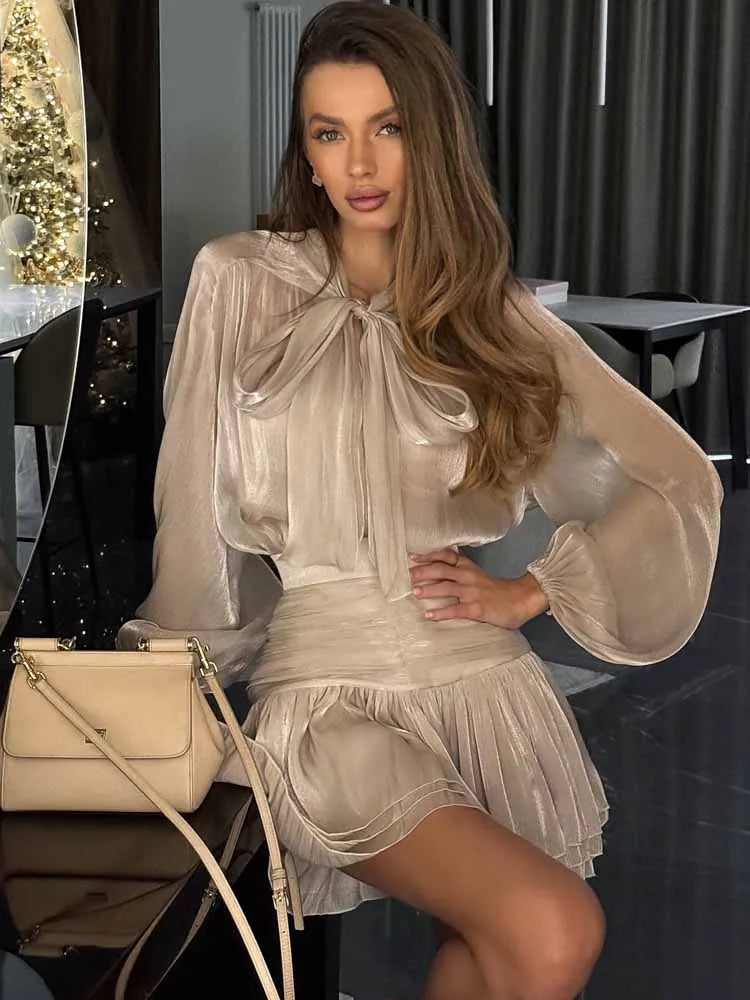 BKQU Elegant Lace Up Shirts Women Ruffles Skirt Sets Fashion Loose Full Sleeve Blouse Pleated Mini Skirts 2 Pieces Lady Outfits
