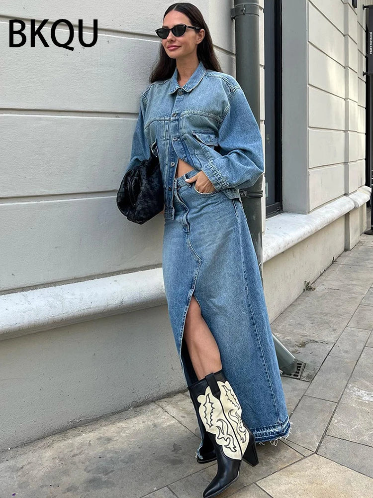 BKQU Autumn Blue Denim Skirts Women 2023 Elegant High Waist Slit Office Lady Long Skirt Fashion Street Y2k A-line Pencil Skirts