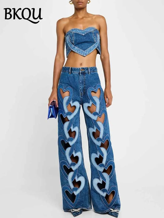 BKQU Denim Pants Two Piece Set Women Colorblock Vintage Strapless Love Tank Tops Wide Leg Hollow Out Jeans Fashion Street Outfit