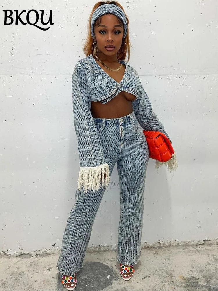 BKQU Autumn Denim Pants Two Piece Sets Women Long Sleeve Tassel Short Jacket and Wide Leg Straight Jeans Matching Set Streetwear