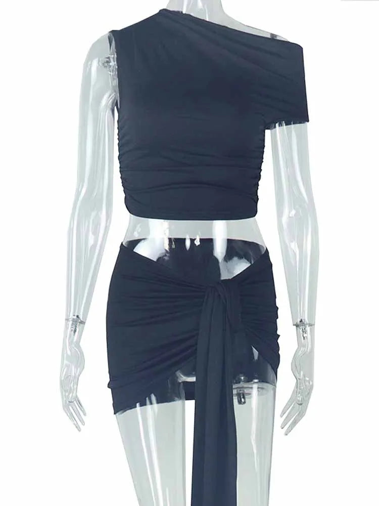 BKQU Ruched Bodycon Elegant 2 Pieces Women Sexy Off Shoulder Crop Tops Bandage Ribbon Mini Skirts Sets 2025 Spring Party Outfits