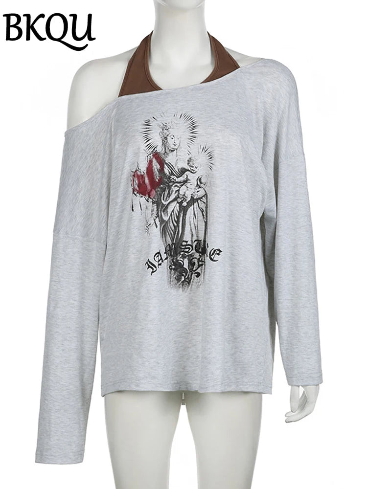 BKQU Graphic Print T-shirt Women Fake Two Pieces Long Sleeve Y2k Aesthetic Retro Tees Fashion Sexy Off Shoulder Loose Tops 2024
