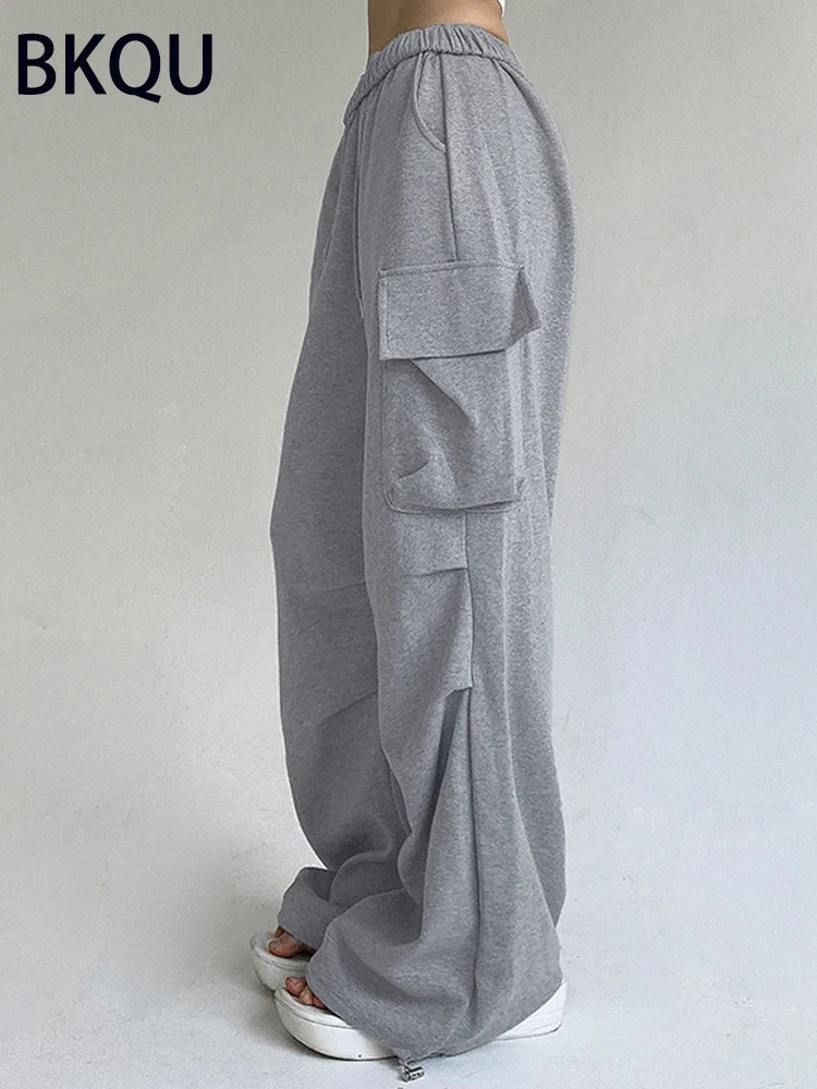 BKQU Gray Knit Pockets Cargo Pants Women 2023 Autumn High Waist Straight Wide Leg Sweatpants Casual Drawstring Joggers Trousers