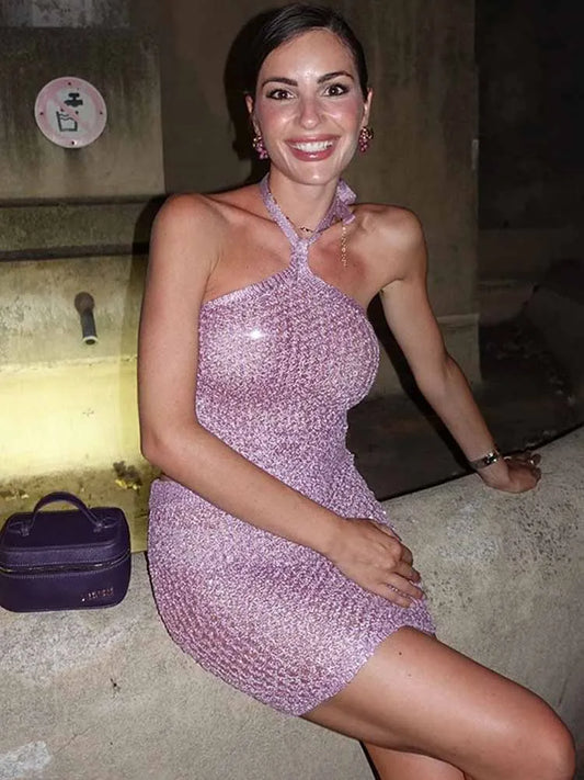 BKQU Crochet Sexy Hollow Out Two Piece Sets Women 2025 Summer Backless Lace-Up Crop Top Elegant Knit Bodycon Skirt Party Outfits