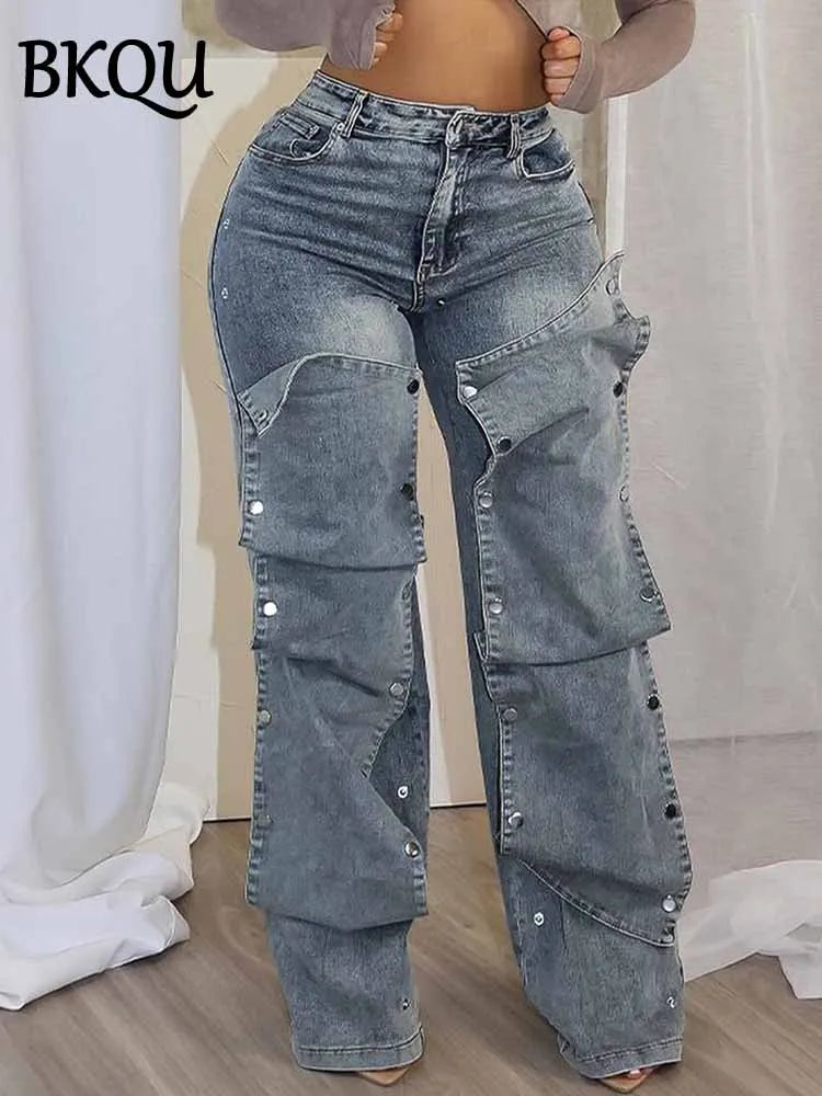 BKQU Cargo Detachable Buttons Straight Denim Pants Women Fashion Retro High Waist Streetwear Elastic Wide Leg Jeans Trouser 2025