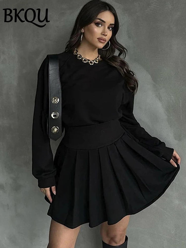 BKQU Pleated Skirt 2 Piece Set Women Casual Tracksuit Long Sleeves Sweatshirt and High Waist Mini Skirts Matching Outfits Autumn