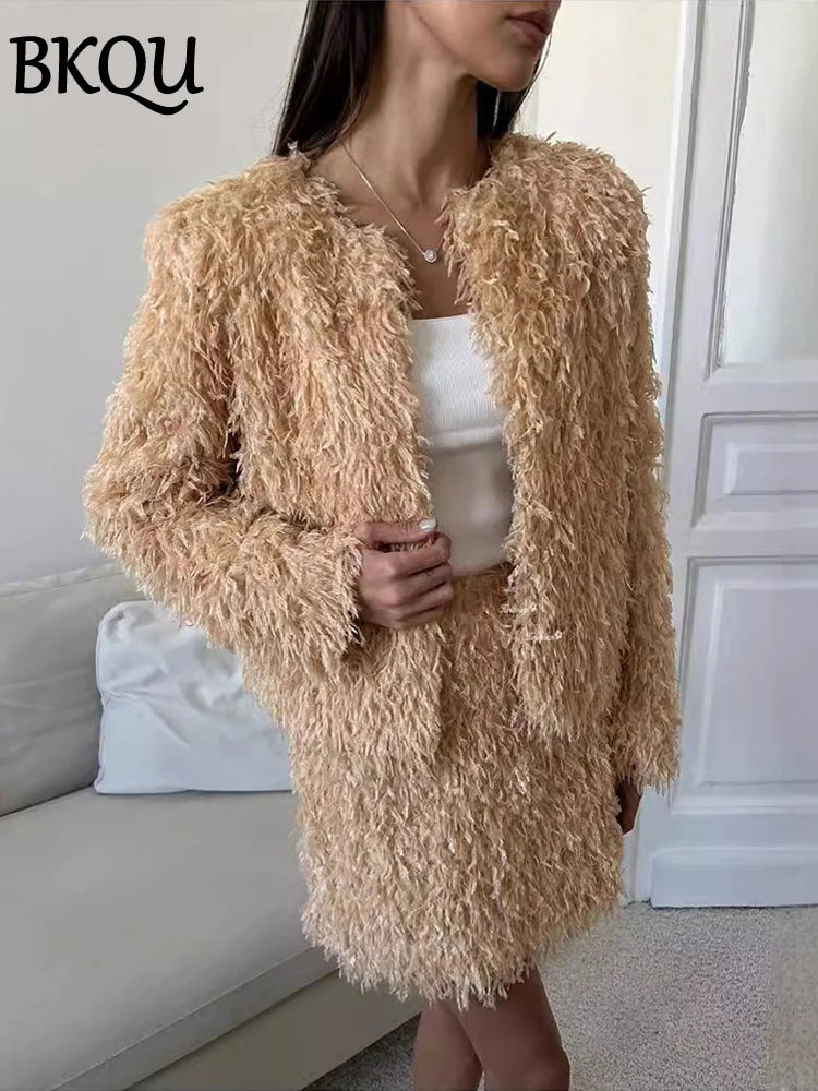 BKQU Autumn Skirt Two Piece Sets Women Long Sleeve Cardigan Coats and Straight Mini Skirts 2024 Winter Elegant Party Outfits