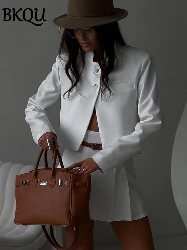 BKQU Elegant Pleated 2 Piece Sets Women Outfit Stand Collar Button Crop Jacket and High Waist Mini Skirt Fashion Slim Office Set