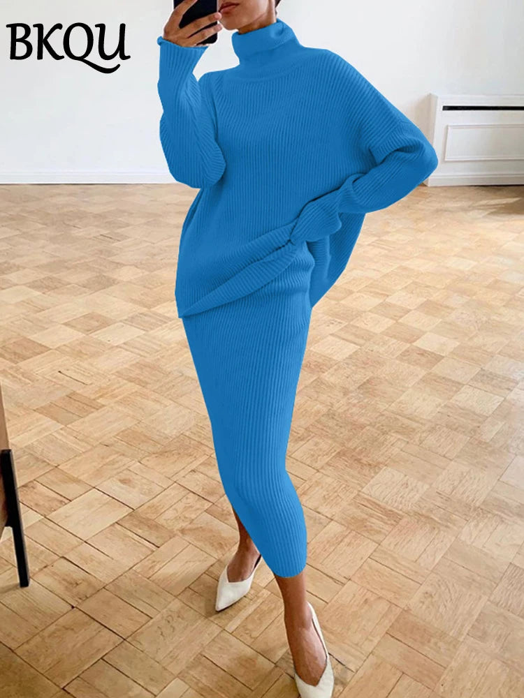 BKQU Knitted Turtleneck Sweater and Long Skirt Two-Piece Set Women Elegant Autumn Winter Knitwear Dress Outfits 2024