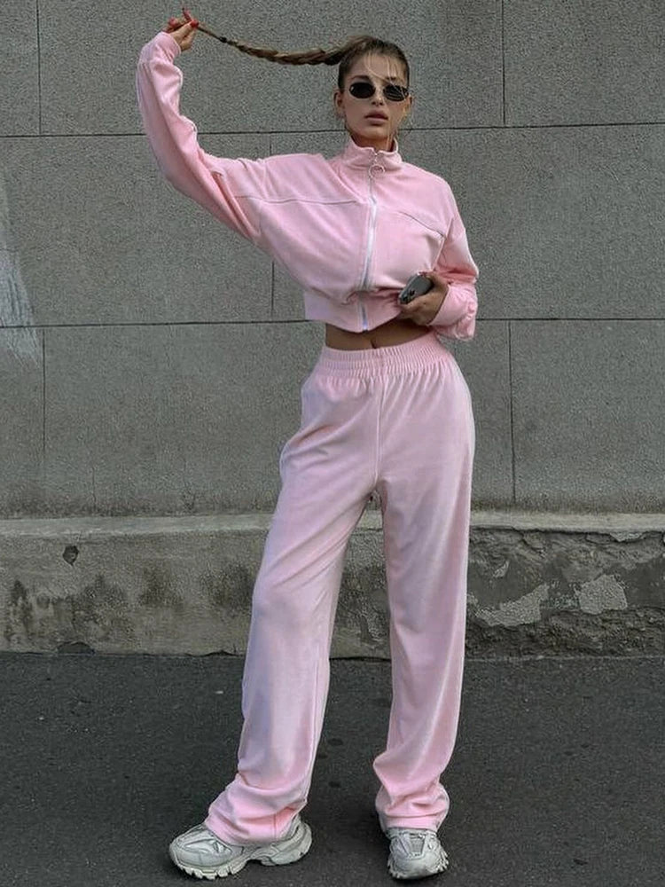 BKQU Solid Velvet Pants 2 Piece Set Women Outfits Casual Zip Up Turtleneck Sweatshirts Elastic Waist Straight Pants Matching Set