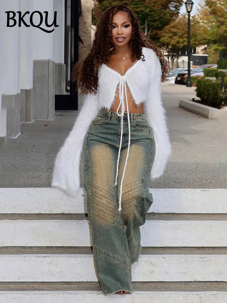 BKQU Vintage Blue Denim Straight Pants Women Patchwork High Waist Fashion Loose Wide Leg Jeans Hip Hop Y2k Party Cargo Trousers