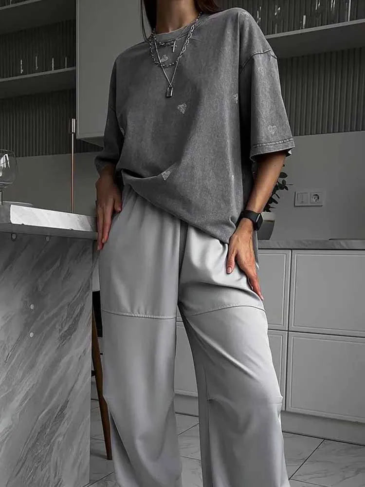 BKQU 100% Cotton Washed T-Shirts Loose Rhinestone Heart Women Summer Fashion O-Neck Short Sleeve Tees Y2k Female Vintage Clothes