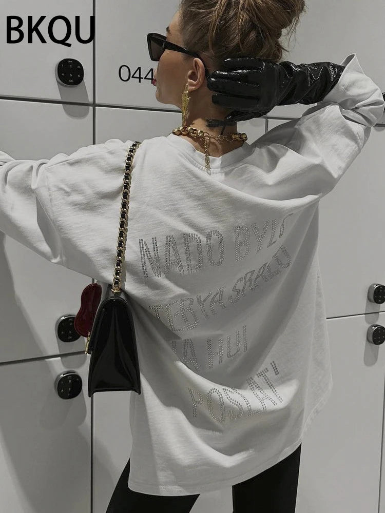 BKQU Women T-Shirts Oversized Short Sleeve Rhinestone Tees Pullovers Fashion Irregular O-Neck Diamond Loose T Shirt Harajuku Top