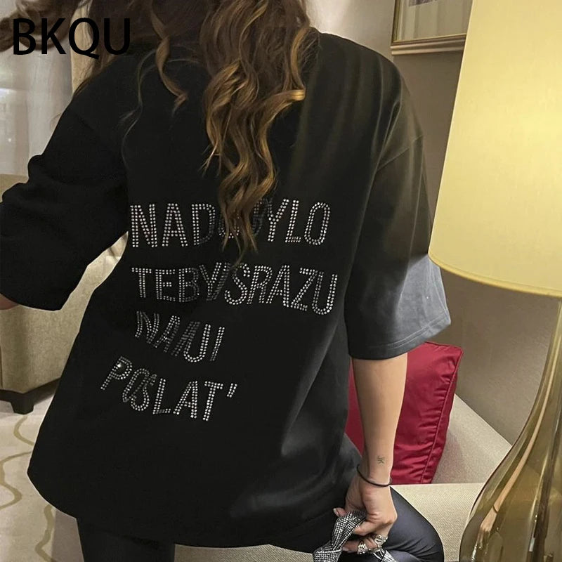 BKQU Rhinestone Loose T shirts for Women 2024 Harajuku Goth Graphic Short Sleeve O-neck Hot Diamonds Female Tees Pullovers Retro