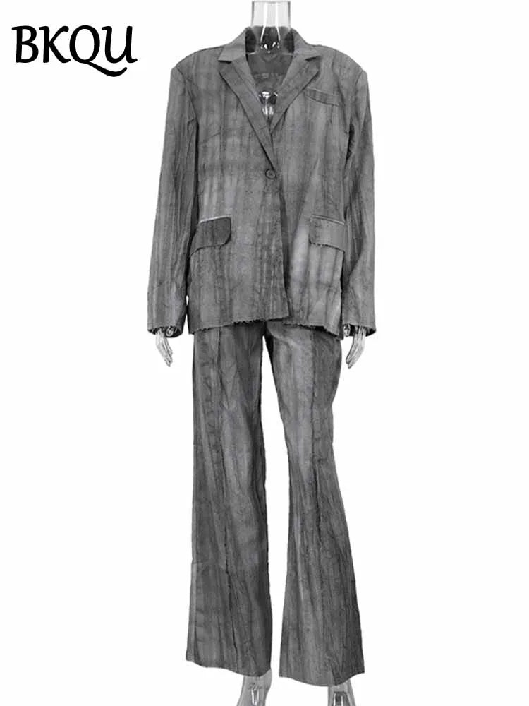 BKQU Vintage Tie-dye 2 Piece Sets Women Fashion Long Sleeve Blazer Coat Loose Wide Leg Pants Matching Set Female Casual Outfits