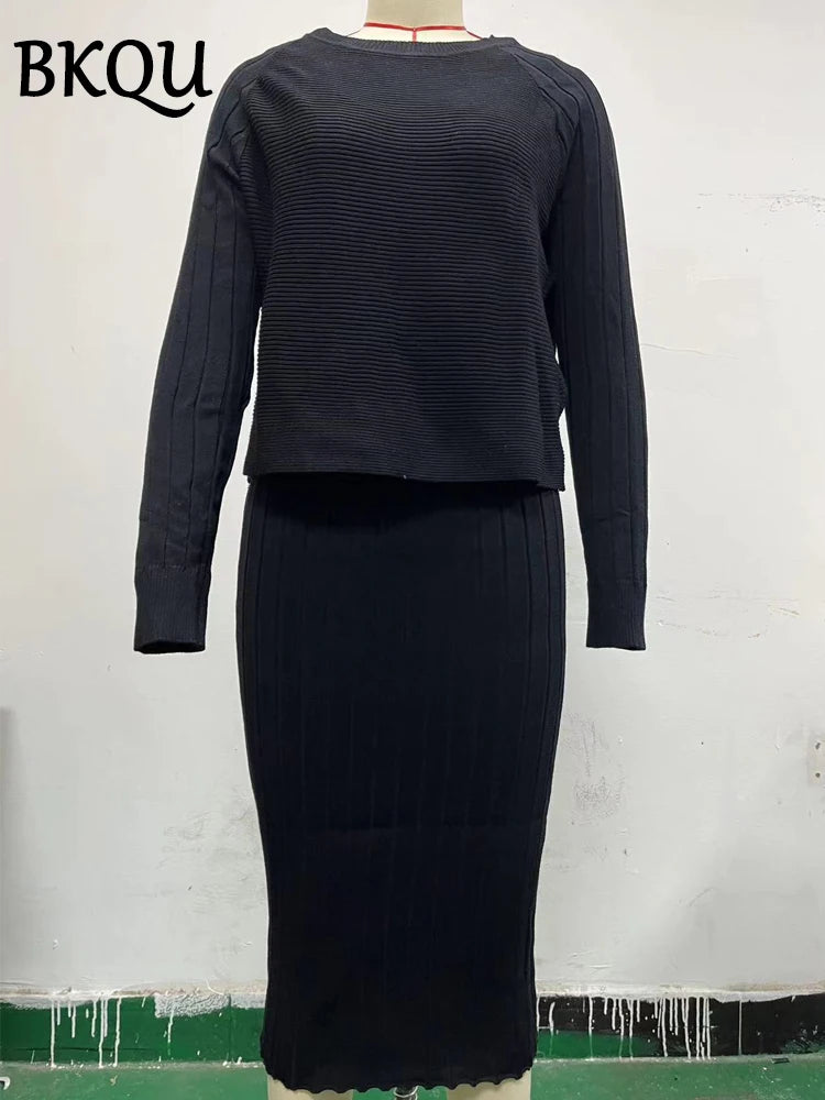 BKQU Knitted Dress Sets Women Sleeveless Square Collar Midi Dress and Long Sleeve O-neck Ribber Sweater Elegant Two Piece Set