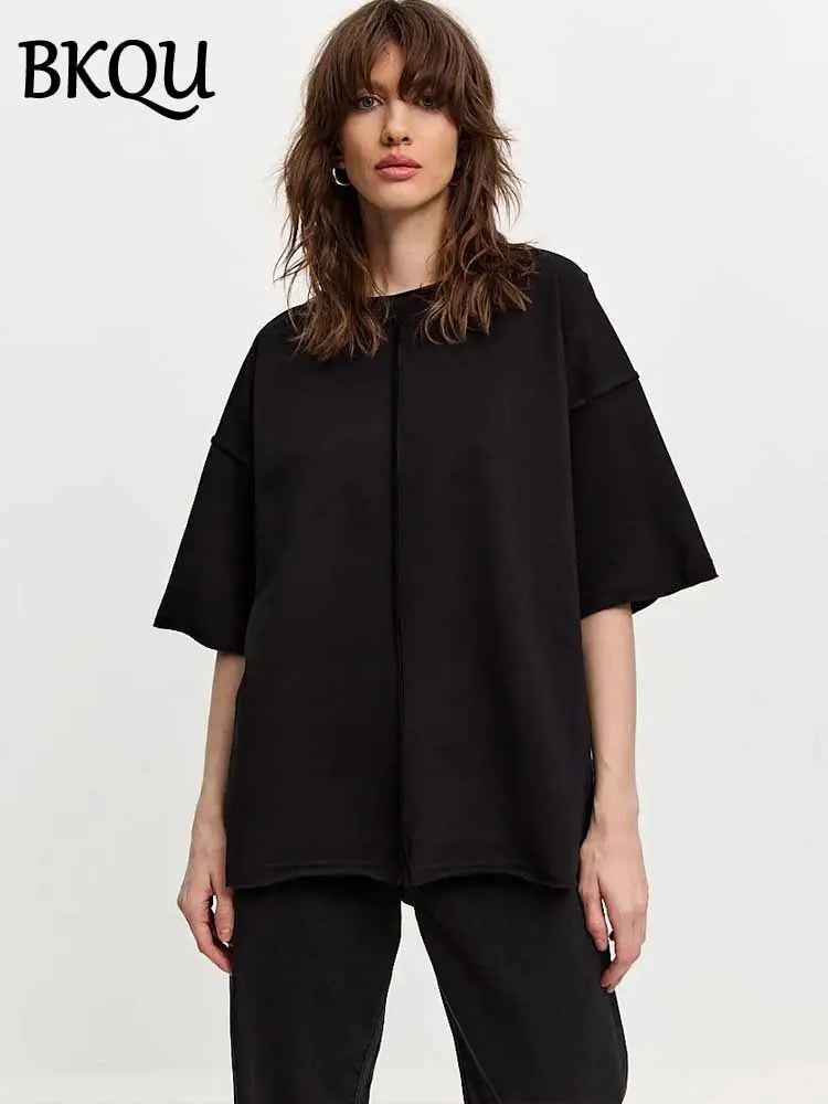 BKQU Summer Loose Short Sleeve T-Shirt Women Casual Solid O-neck 100% Cotton Tees 2025 New Simple Versatile T-shirt Streetwear