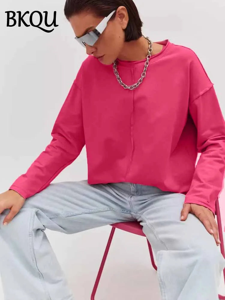 BKQU Oversize Cotton Long Sleeve T-Shirt Women Solid Color O-neck Casual Basic Tees 2025 Spring Knitted Soft Loose Pullover Tops