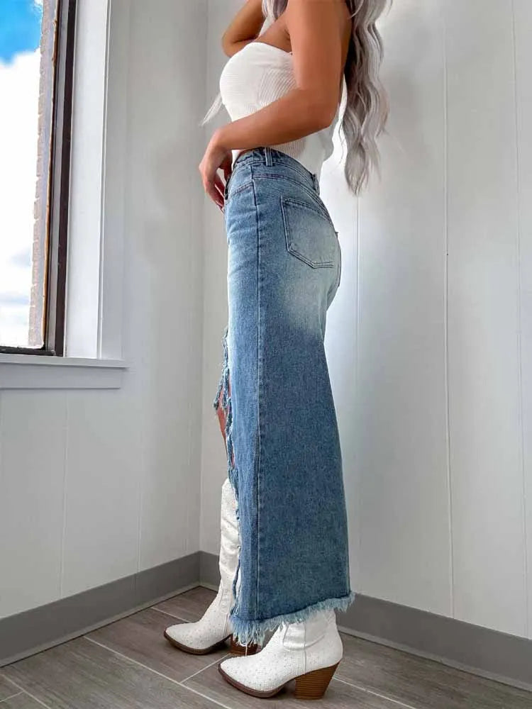 BKQU Irregular Tassels Denim Skirt Women Y2k High Waist Sexy Split Long Skirts 2025 Vintage Streetwear Female Jean Maxi Skirts