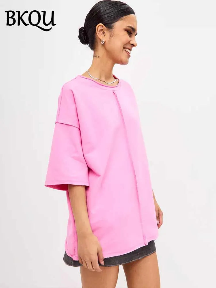 BKQU Summer Loose Short Sleeve T-Shirt Women Casual Solid O-neck 100% Cotton Tees 2025 New Simple Versatile T-shirt Streetwear