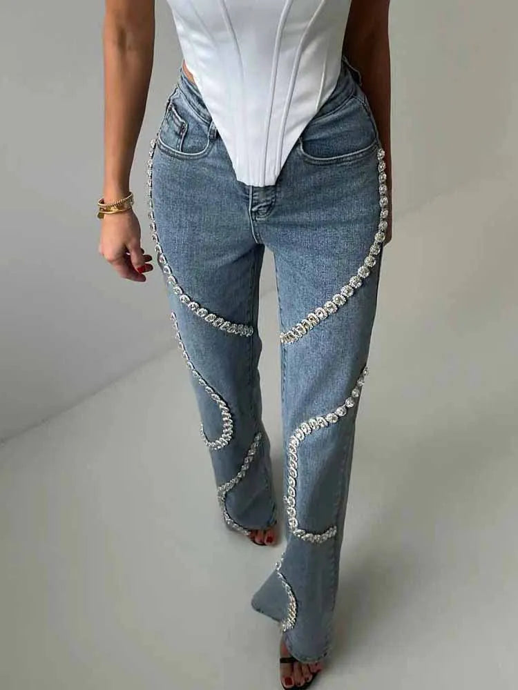 BKQU Rhinestone Straight Jeans Women 2025 Spring New Trendy Loose High Waist Denim Pants Chic Surround Diamond Y2k Unique Jeans