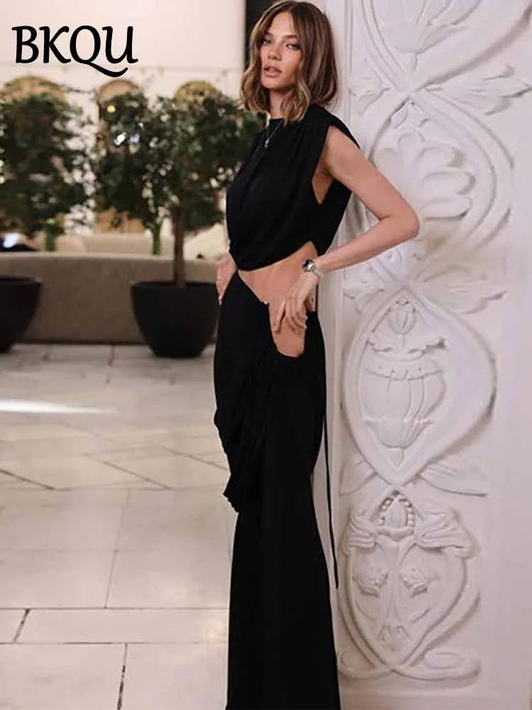 BKQU Ruched 2 Piece Set Women Chic Irregular Sleeveless Crop Tops Low Waist Hollow Skirts Pants Matching Set Elegant Streetwear