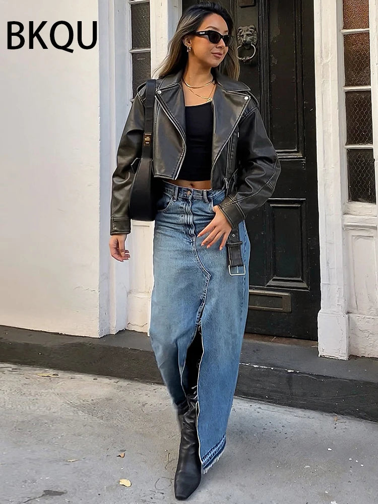 BKQU New Front Slit Denim Skirts Women 2023 Casual High Waist Office Lady Long Skirt Streetwear Blue Frayed Raw Hem Jean Skirt