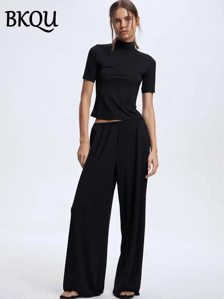 BKQU Women 2 Pieces Pant Sets Loungewear Modal Soft Short Sleeve Crop Tops and Elastic Wide Leg Pants Outfits Sleepwear Homewear