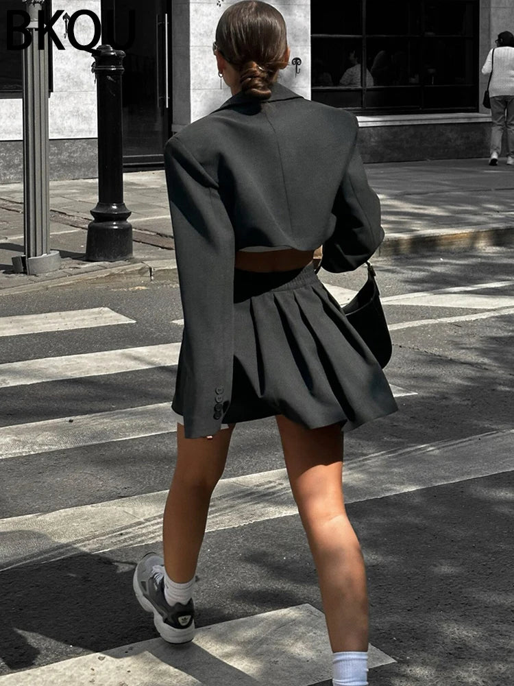 BKQU 2024 Blazer Two Piece Sets Women Casual Turn-down Collar Blazers Top and Pleated Skirts Suit Female High Street Y2K Clothes