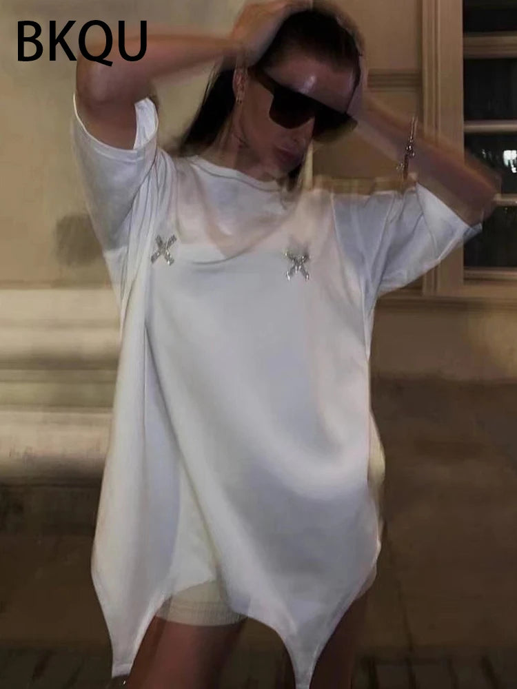 BKQU Rhinestone Loose T-Shirts Women 2024 Irregular Short Sleeve O-neck Fashion Tees Pullovers Hot Diamond Female Y2K Streetwear